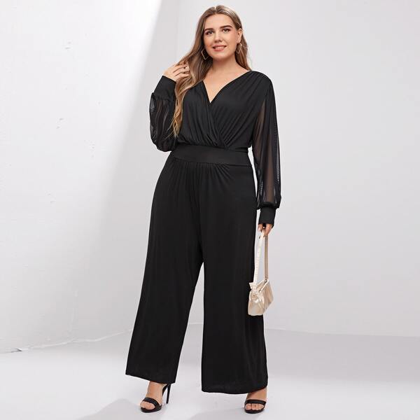 

Plus Solid Surplice Front Wide Leg Jumpsuit, Black