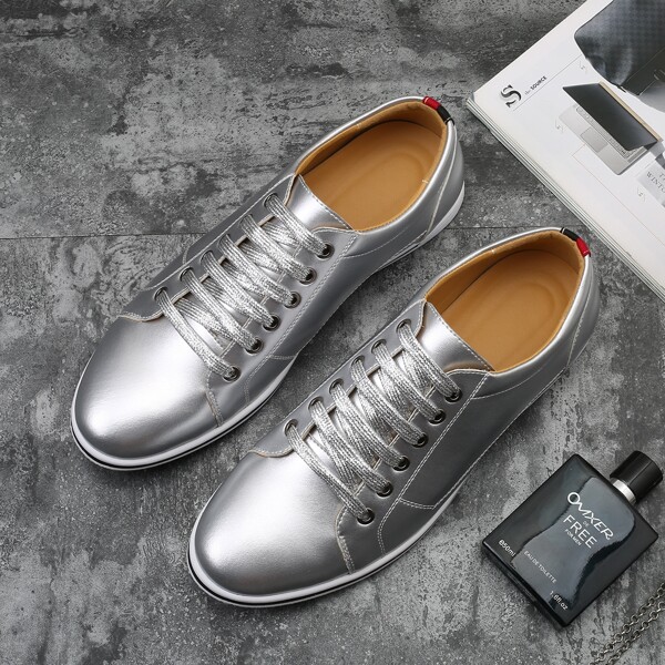 

Men Metallic Lace-up Front Dress Shoes, Silver