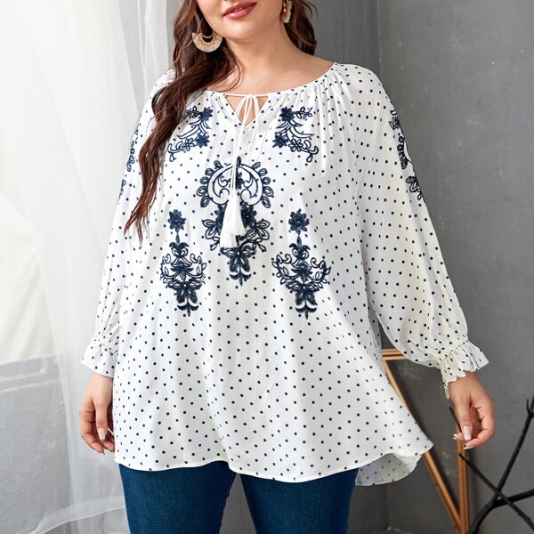 

Plus Polka Dot Tassel Tie Neck Blouse, White