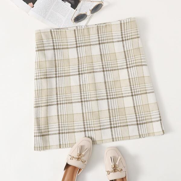 

Plus Zip Back Tartan Skirt, Khaki
