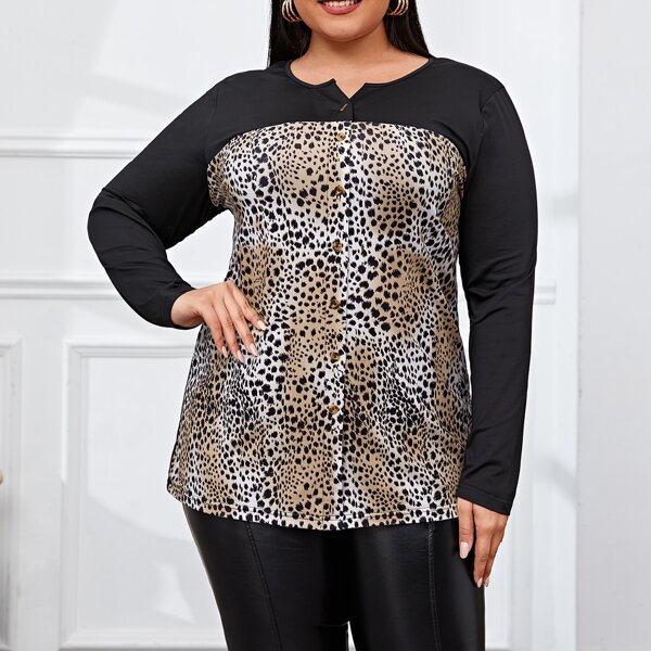 

Plus Cheetah Print Button Front Tee, Multicolor
