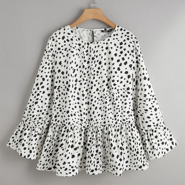 

Plus Allover Print Bell Sleeve Peplum Top, White