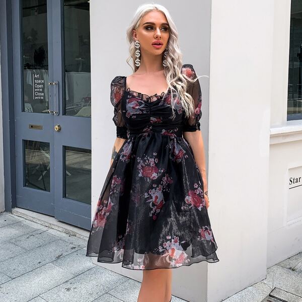 

Sweetheart Neck Frill Trim Ruched Floral Organza Dress, Black