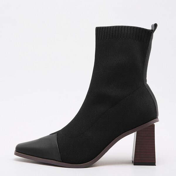 

Square Toe PU Panel Chunky Heeled Sock Boots, Black