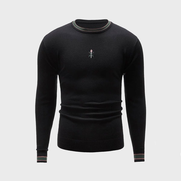 

Men Striped Embroidered Crew Neck Sweater, Black
