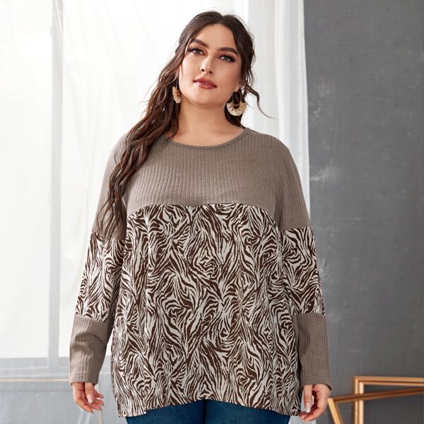 

Plus Zebra Stripe Spliced Top, Mocha brown