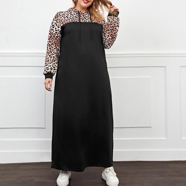 

Plus Leopard Print Drawstring Hooded Sweatshirt Dress, Black