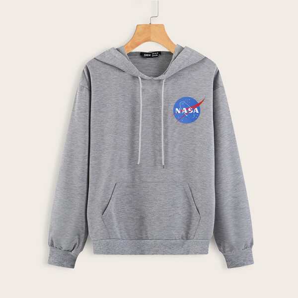 

Plus Letter Graphic Kangaroo Pocket Hoodie, Grey
