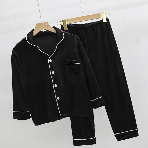 

Boys Contrast Binding Velvet PJ Set, Black