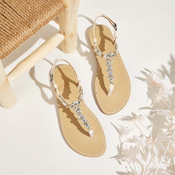 

Rhinestone Decor Thong Sandals, Apricot