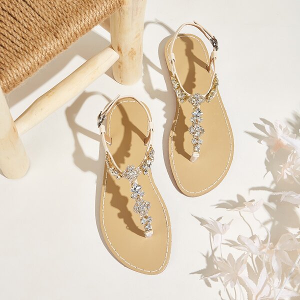 

Rhinestone Decor Toe Post Sandals, Apricot
