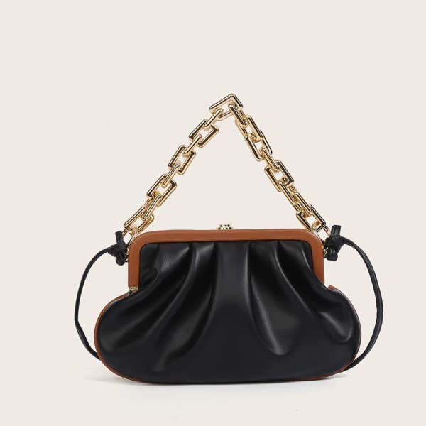 

Chain Clip Top Ruched Bag, Black