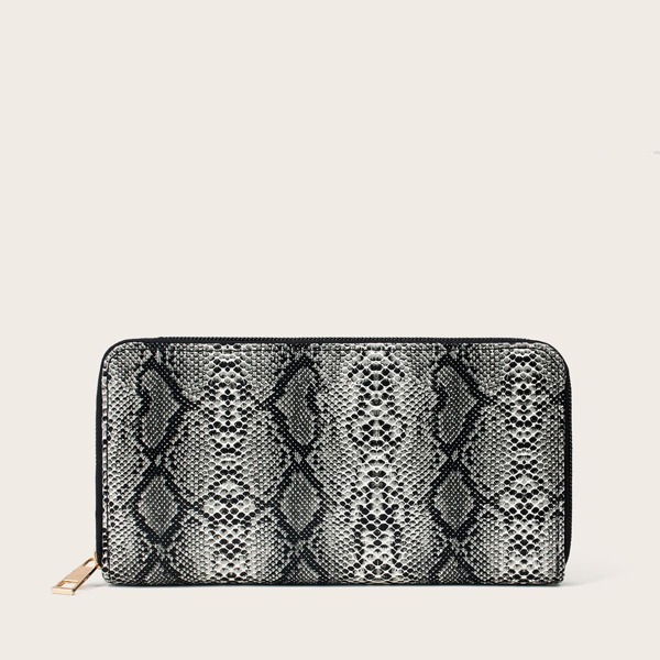 

Snakeskin Print Zip Around Purse, Grey