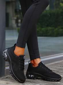 Lace Up Front Air Cushion Sneakers - Black - View 1
