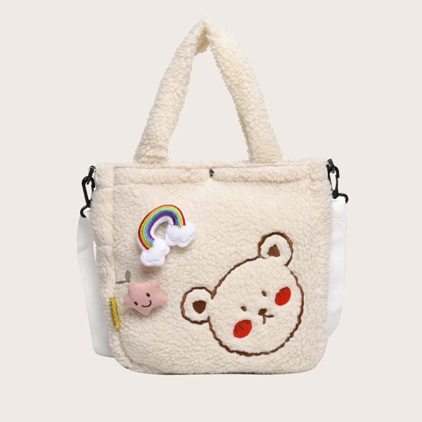 

Girls Cartoon Graphic Fluffy Tote Bag, Beige