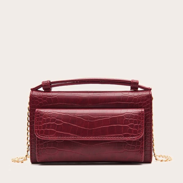 

Crocodile Pattern Chain Satchel Bag, Burgundy