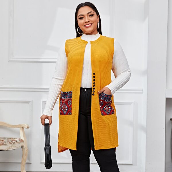 

Plus Geo Print Pockets Open Front Vest, Yellow