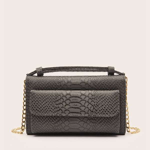 

Snakeskin Print Chain Satchel Bag, Dark grey