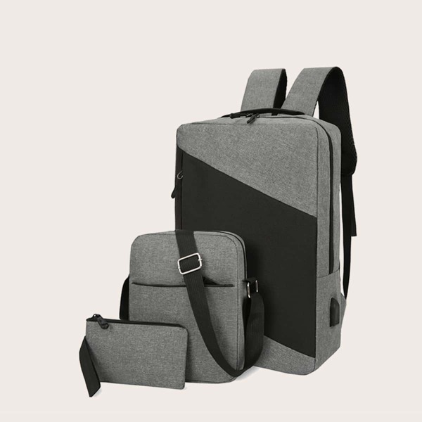 

3pcs Men Two Tone Backpack Set, Grey