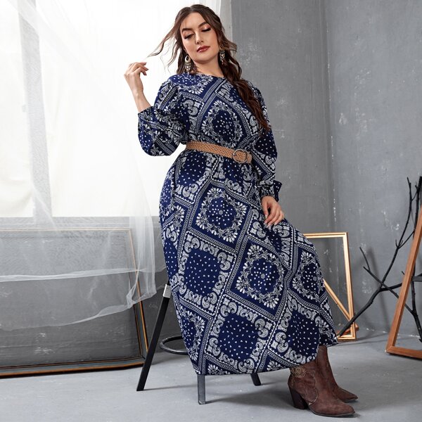 

Plus Paisley & Argyle Print Belted A-line Dress, Navy blue