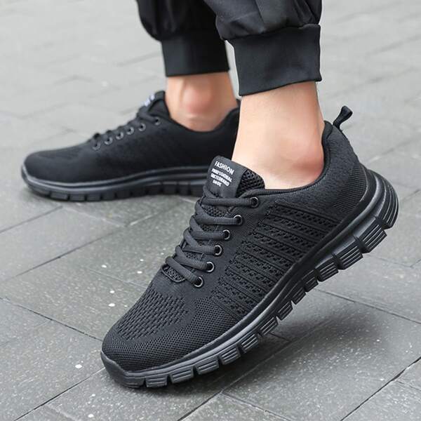 

Men Lace Up Front Low Top Knit Sneakers, Black