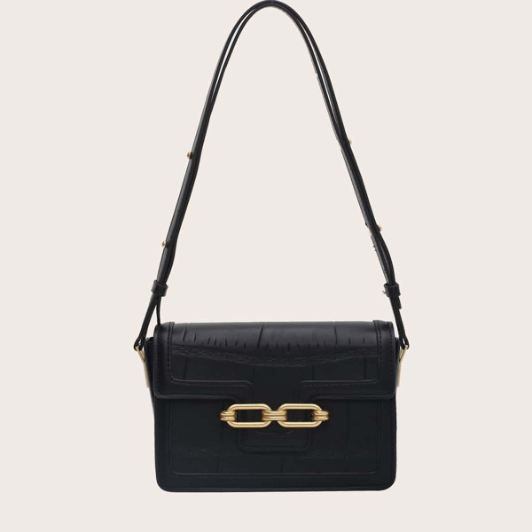 

Chain Decor Croc Embossed Shoulder Bag, Black