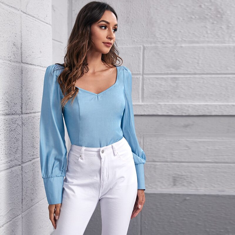 

Sweetheart Neck Zip Back Top, Pastel baby blue