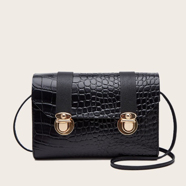

Girls Push Lock Croc Embossed Crossbody Bag, Black