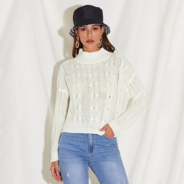 

Mock Neck Drop Shoulder Cable Knit Sweater, Beige