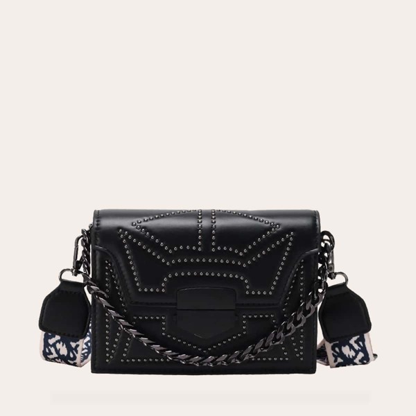 

Studded Decor Chain Satchel Bag, Black