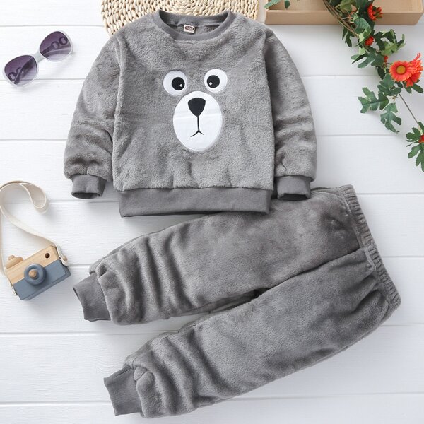

Toddler Boys Cartoon Embroidery Flannel Sweatshirt & Sweatpants, Grey