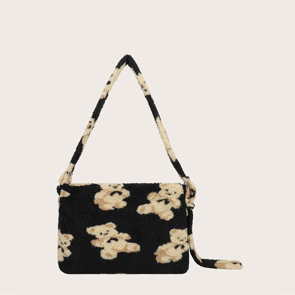 

Girls Cartoon Bear Pattern Fluffy Crossbody Bag, Black