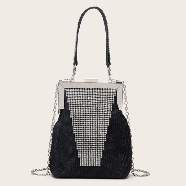 

Rhinestone Decor Clip Top Clutch Bag, Black