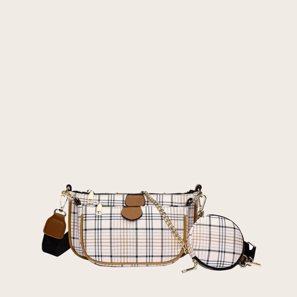 

3pcs Plaid Chain Baguette Bag Set, Khaki