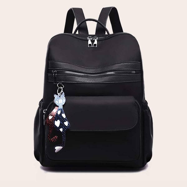 

Zip Front Backpack With Bag Charm, Black
