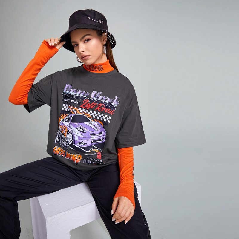 

Letter Car Graphic Oversized Tee, Dark grey