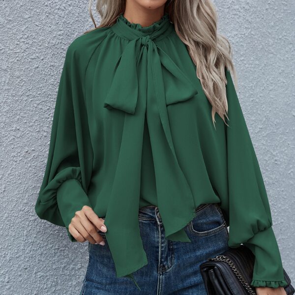 

Tie Neck Button Cuff Keyhole Back Blouse, Dark green