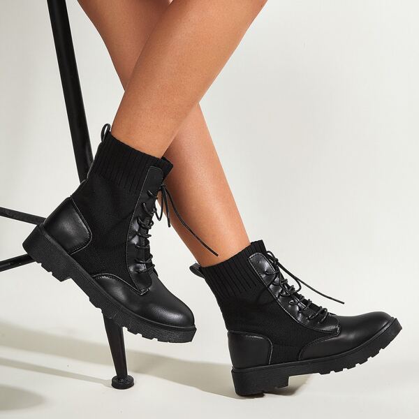 

Lace Up Decor Knit Ankle Boots, Black