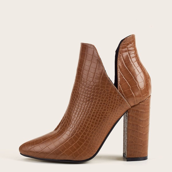 

Croc Embossed V-cut Chunky Ankle Boots, Brown