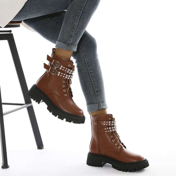 

Spiked Decor Combat Boots, Brown