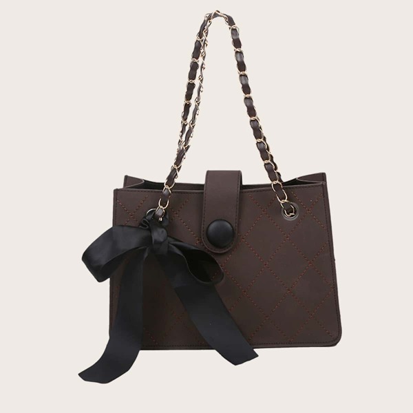 

Bow Decor Stitch Detail Shoulder Bag, Coffee brown