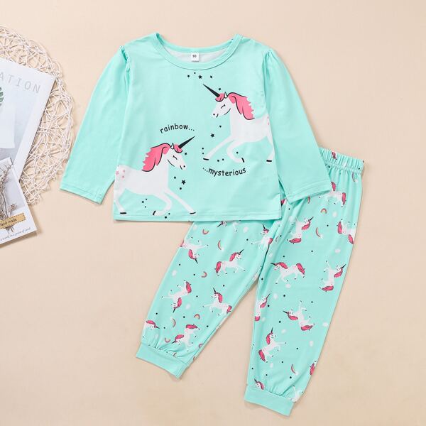 

Toddler Girls Unicorn Print PJ Set, Mint blue