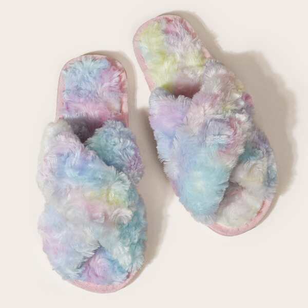 

Fluffy Cross Strap Open Toe Slippers, Multicolor