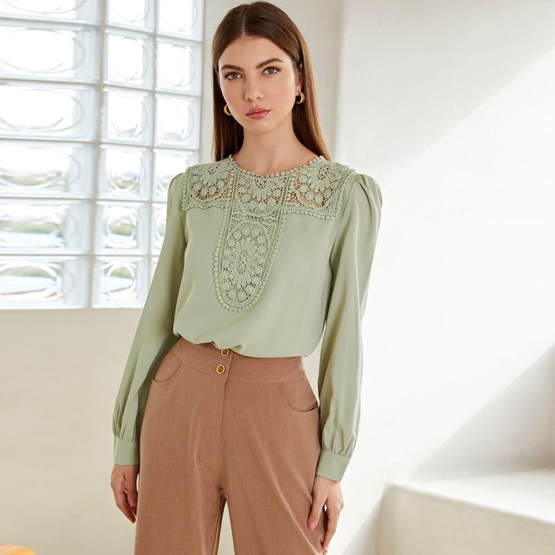 

Contrast Lace Puff Sleeve Blouse, Pastel lime green
