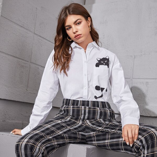 

Cat Print Pocket Front High Low Hem Blouse, White