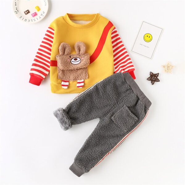 

Toddler Boys Striped Cartoon Graphic Sweatshirt & Teddy Pants, Multicolor