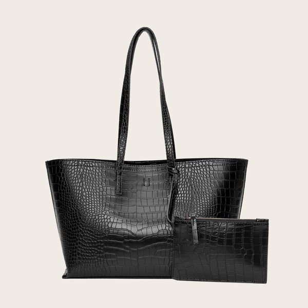 

Croc Embossed Tote Bag With Purse, Black
