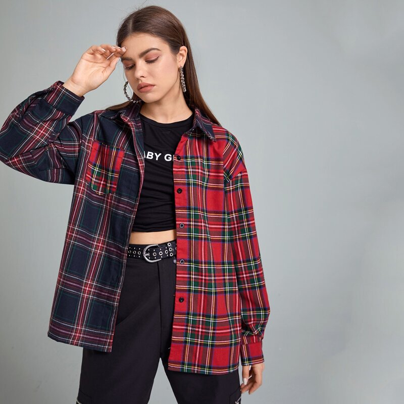 Contrast Tartan Boyfriend Shirt, Multicolor