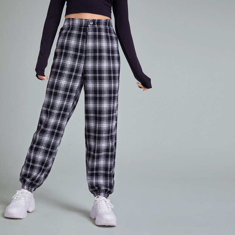 

Plaid Print Joggers, Black and white