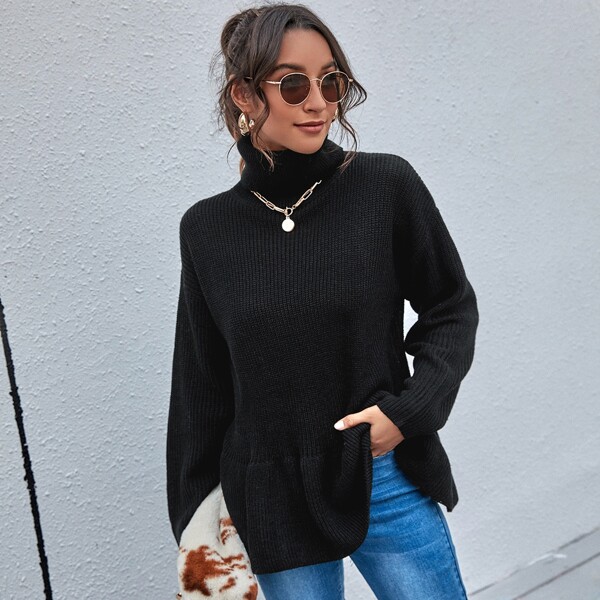 

Solid Turtleneck Ruffle Hem Sweater, Black